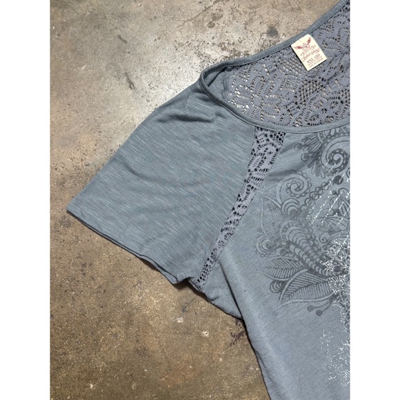 Faded Glory Women XXL 20 Gray Lace Back Ruched T-Shirt Silver Glitter Y2K Top - Picture 10 of 10